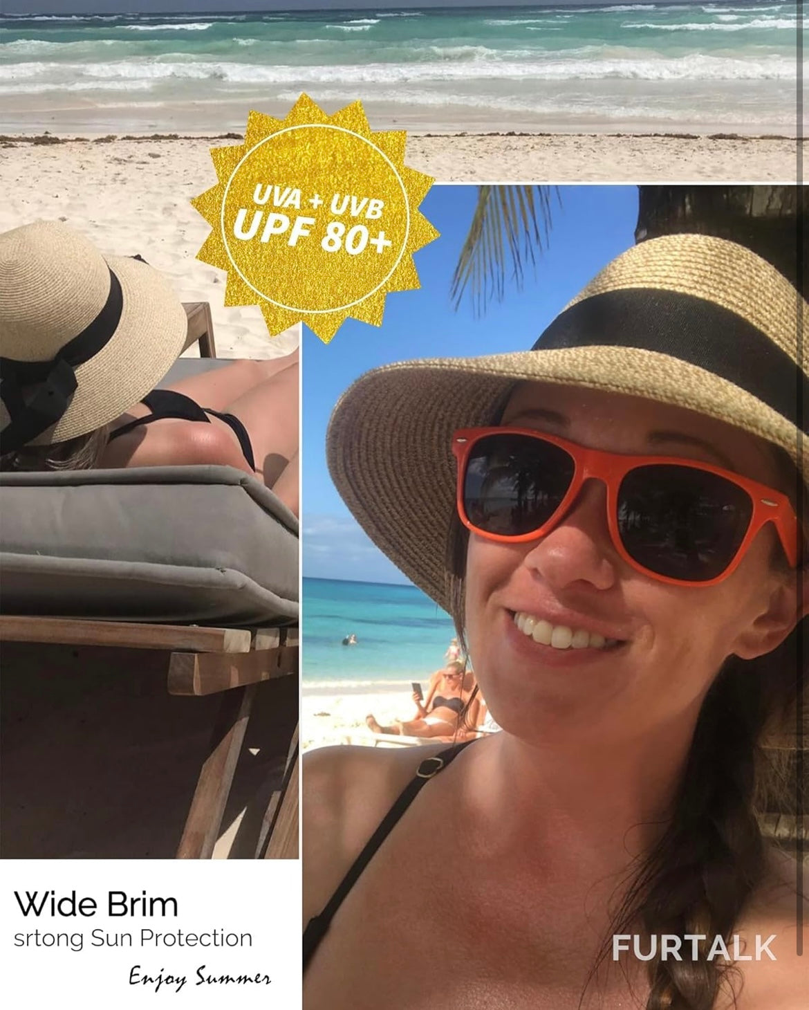 FURTALK Womens Beach Sun Straw Hat UV UPF 80+ Travel Foldable Brim Summer UV Hat! Special gift with orders over $100