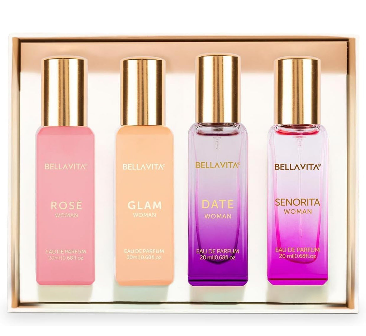 BellaVita Luxury Perfumes for Women Set (4x20ml) | Woman Perfume with DATE, SENORITA, GLAM & ROSE | Vanilla Perfume with Floral Sweet & Musk | Arabian Perfume for Women | Cologne & Perfume Gift Set