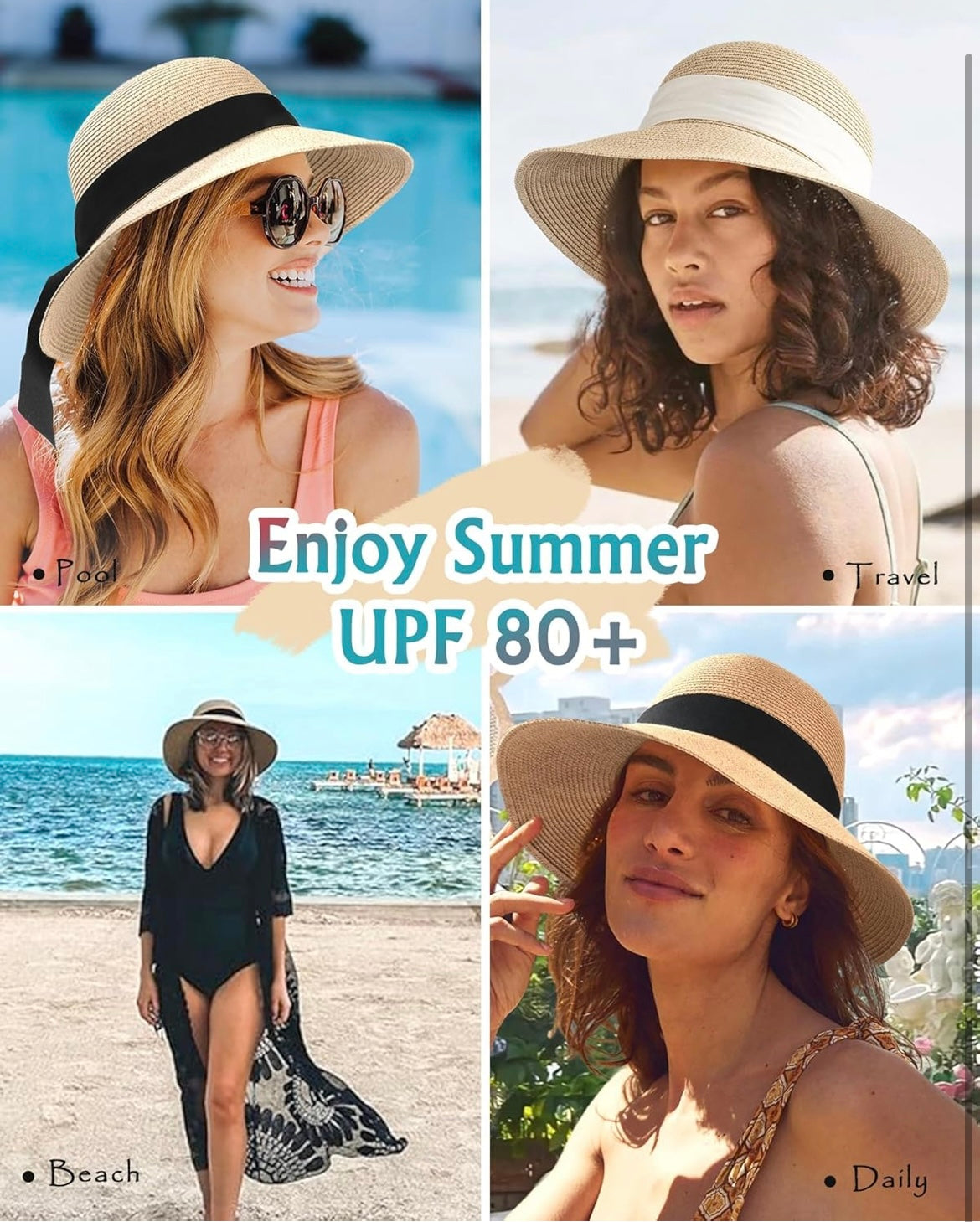 FURTALK Womens Beach Sun Straw Hat UV UPF 80+ Travel Foldable Brim Summer UV Hat! Special gift with orders over $100