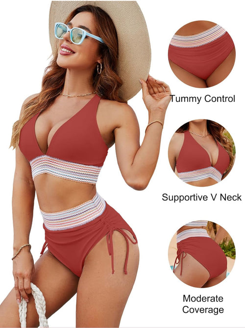 Blooming Jelly Women High Waisted Bikini Sets Tummy Control Swimsuits Color Block Two Piece Drawstring Bathing Suit! Special gift with orders over $100