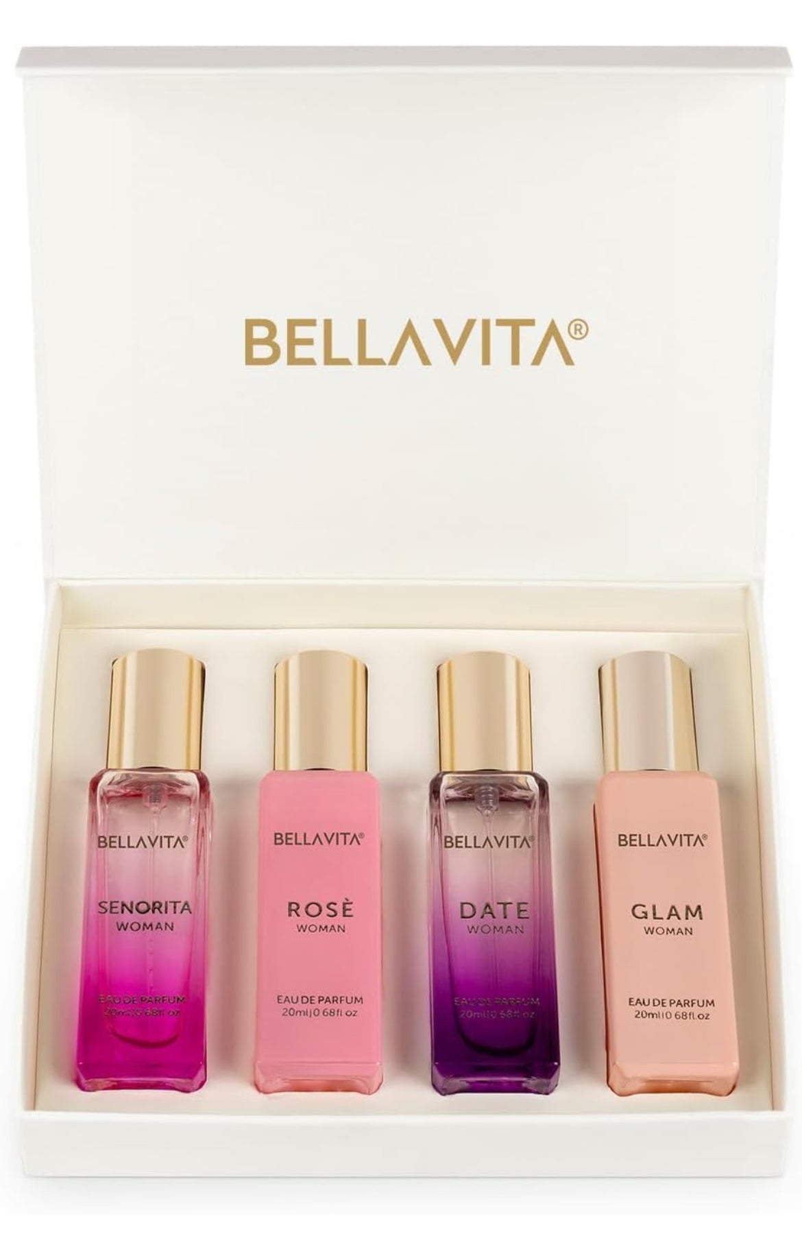 BellaVita Luxury Perfumes for Women Set (4x20ml) | Woman Perfume with DATE, SENORITA, GLAM & ROSE | Vanilla Perfume with Floral Sweet & Musk | Arabian Perfume for Women | Cologne & Perfume Gift Set