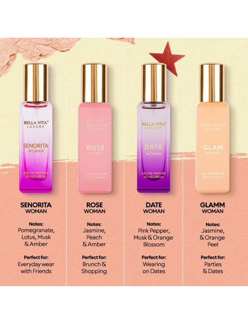 BellaVita Luxury Perfumes for Women Set (4x20ml) | Woman Perfume with DATE, SENORITA, GLAM & ROSE | Vanilla Perfume with Floral Sweet & Musk | Arabian Perfume for Women | Cologne & Perfume Gift Set