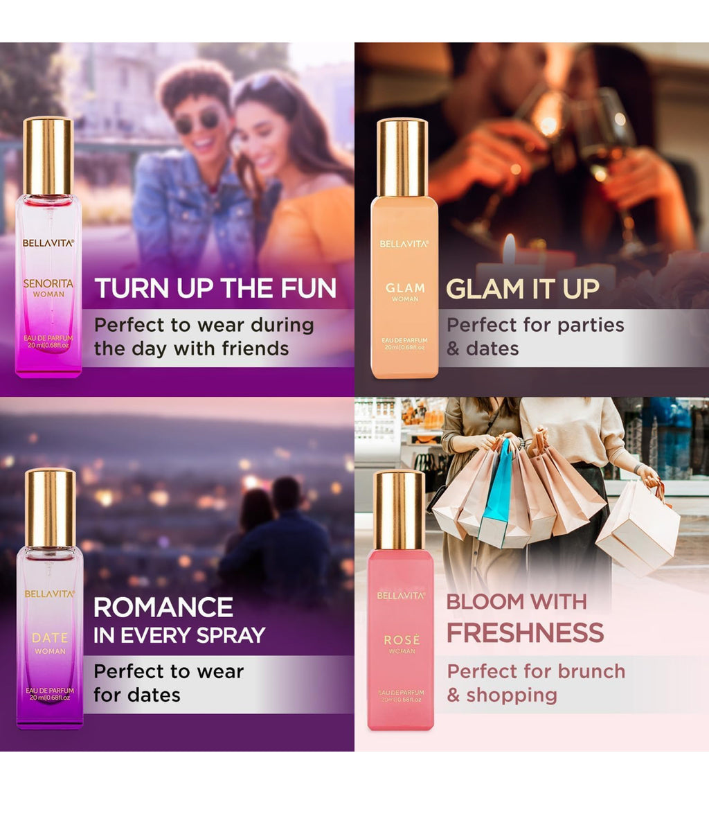 BellaVita Luxury Perfumes for Women Set (4x20ml) | Woman Perfume with DATE, SENORITA, GLAM & ROSE | Vanilla Perfume with Floral Sweet & Musk | Arabian Perfume for Women | Cologne & Perfume Gift Set