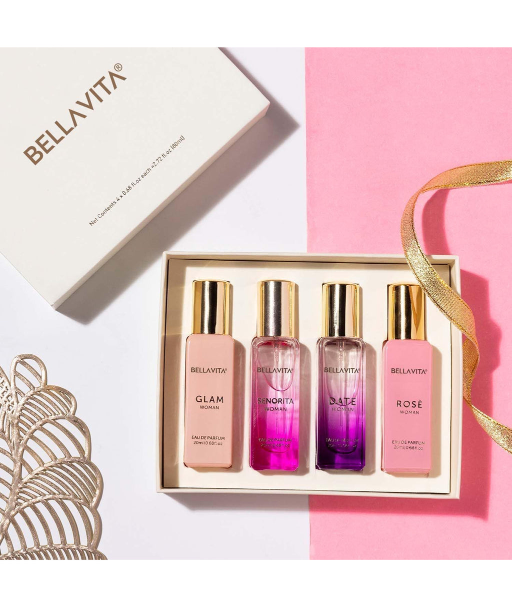 BellaVita Luxury Perfumes for Women Set (4x20ml) | Woman Perfume with DATE, SENORITA, GLAM & ROSE | Vanilla Perfume with Floral Sweet & Musk | Arabian Perfume for Women | Cologne & Perfume Gift Set